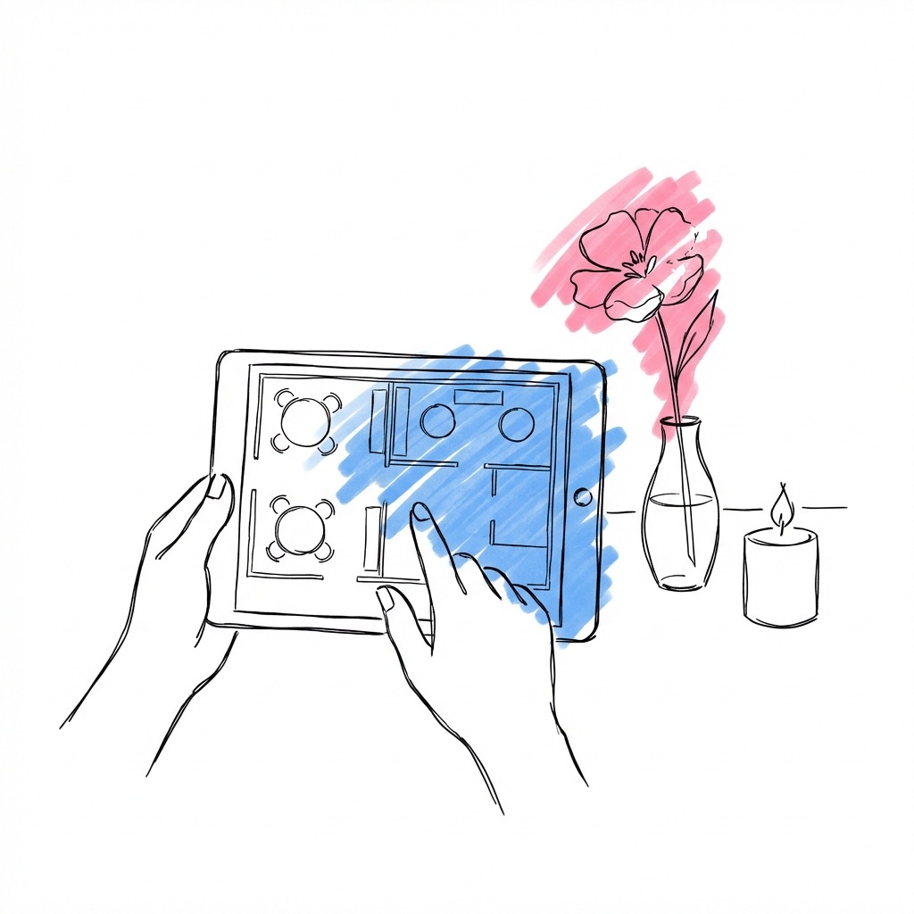 Händer som interagerar med en surfplatta som visar en digital bordsplan med blomvasikon — Lovio planeringsverktyg