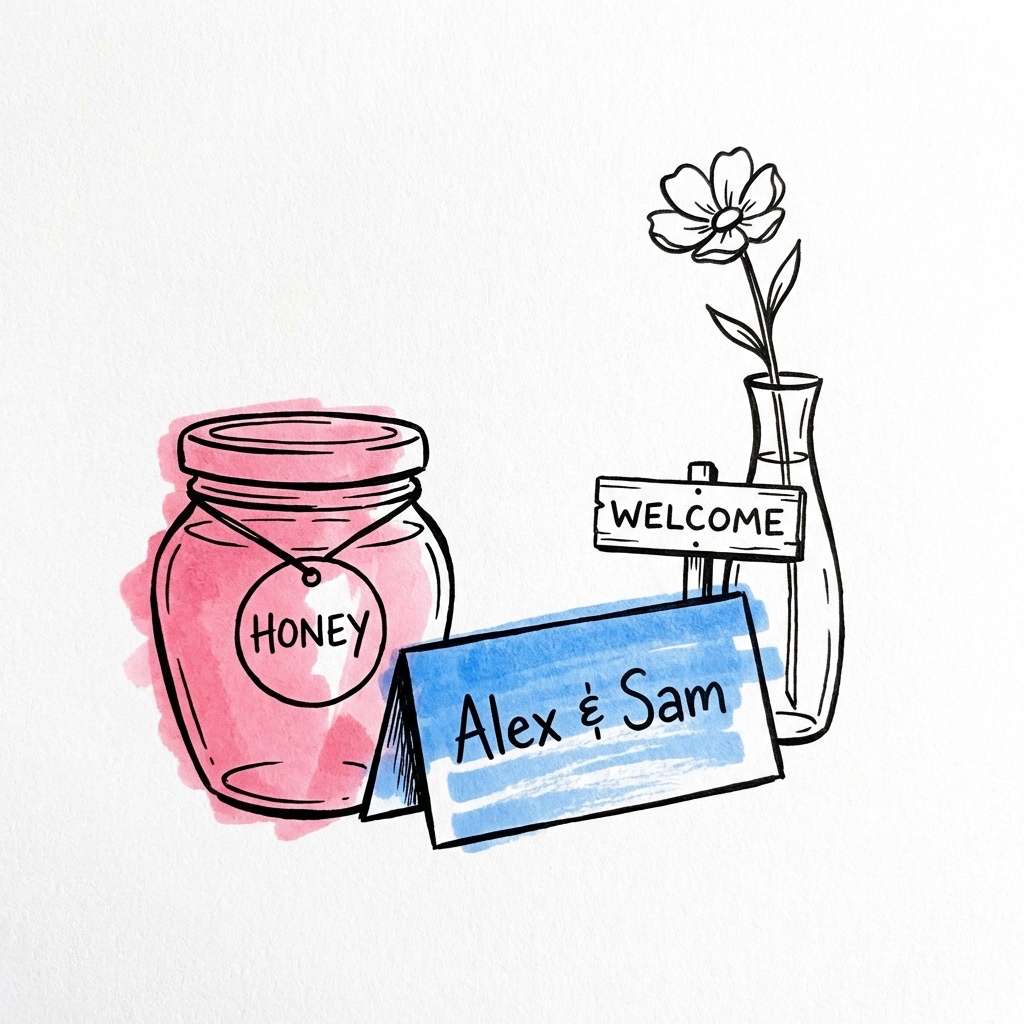 Närbild på kuvert med handskrivet namnkort, honungsburk och välkomstskylt — personliga detaljer bröllop