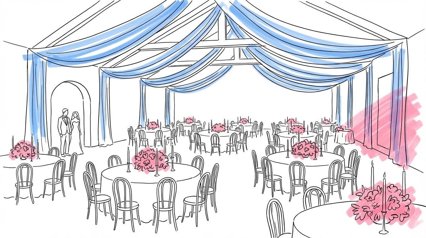 Bröllopslokal under förberedelse med bord, blommor, ljus och draperier — bröllopsdekorationer