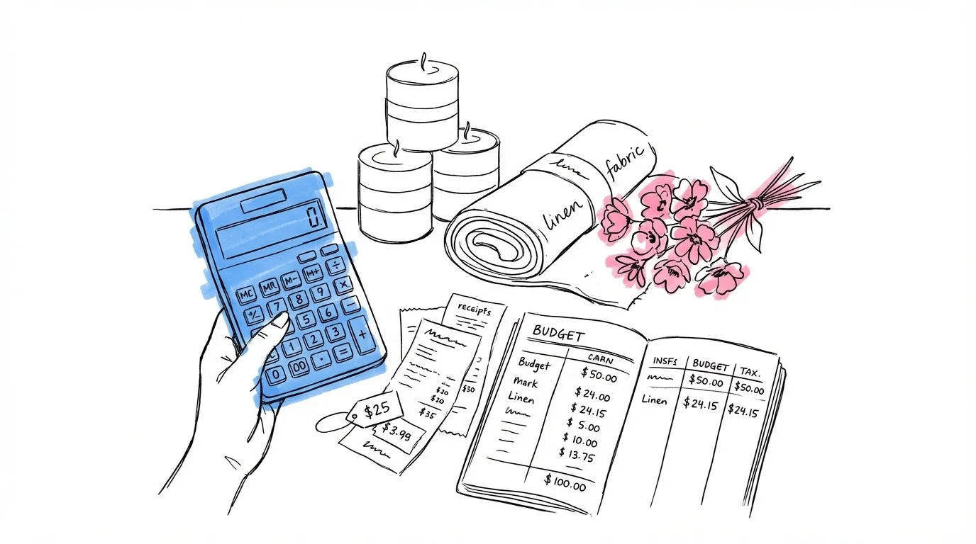Hand med miniräknare bredvid staplade ljus, linnerulle och blommor — kostnad bröllopsdekorationer