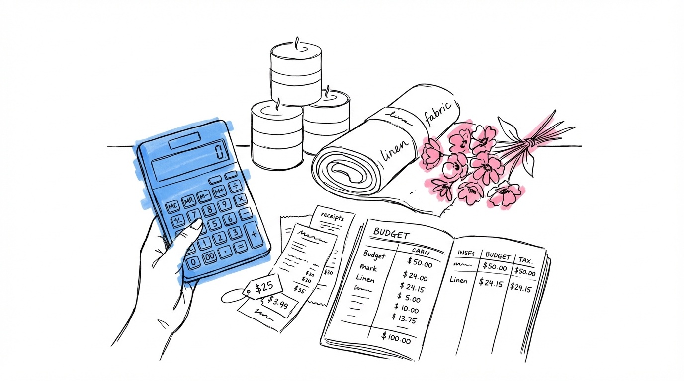 Hand med miniräknare bredvid staplade ljus, linnerulle och blommor — kostnad bröllopsdekorationer