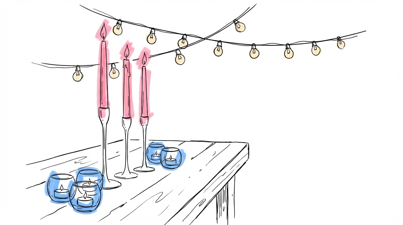 Bordsscen i skymning med kronljus, värmeljus och ljusslingor i olika höjder — bröllopsdekoration ljus