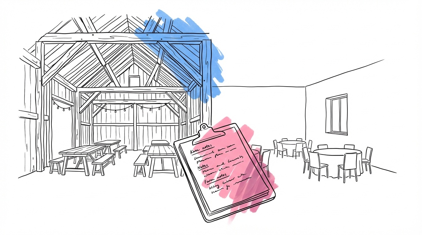 Två kontrasterande lokaler sida vid sida — rustik lada och modern hall — bröllopslokal dekorationsbedömning