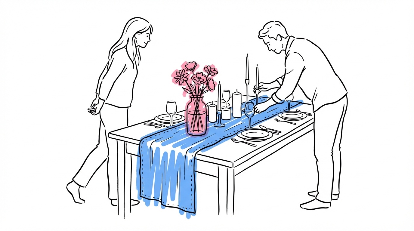 Par hemma som arrangerar ett provbord med blommor, ljus och linnelöpare — dekorations-mockup