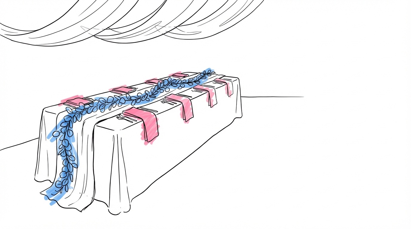 Långbord med linnelöpare, eukalyptusgirlang och vikta tygservetter — textilier bröllopsdekoration