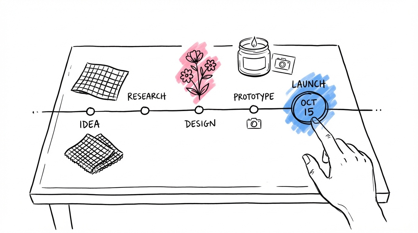 Horisontell tidslinje på skrivbord med blomprover, tygprover, ljus och en hand som pekar på ett datum — dekorationsplanering