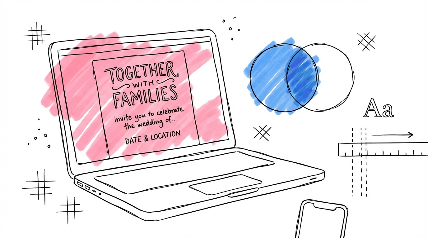 Laptop med inbjudningslayout och färgpaletter — designverktyg för digital bröllopsinbjudan