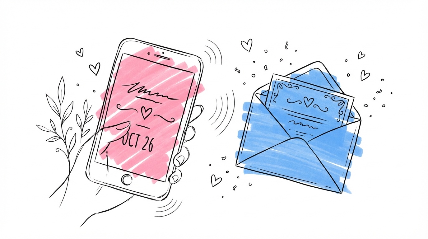 Smartphone med digital bröllopsinbjudan på skärmen bredvid ett öppnat kuvert — modern kontra traditionell inbjudan