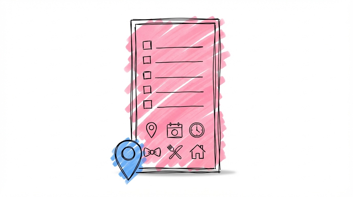 Inbjudningskort med checklista och kartmarkör — vad en digital bröllopsinbjudan ska innehålla