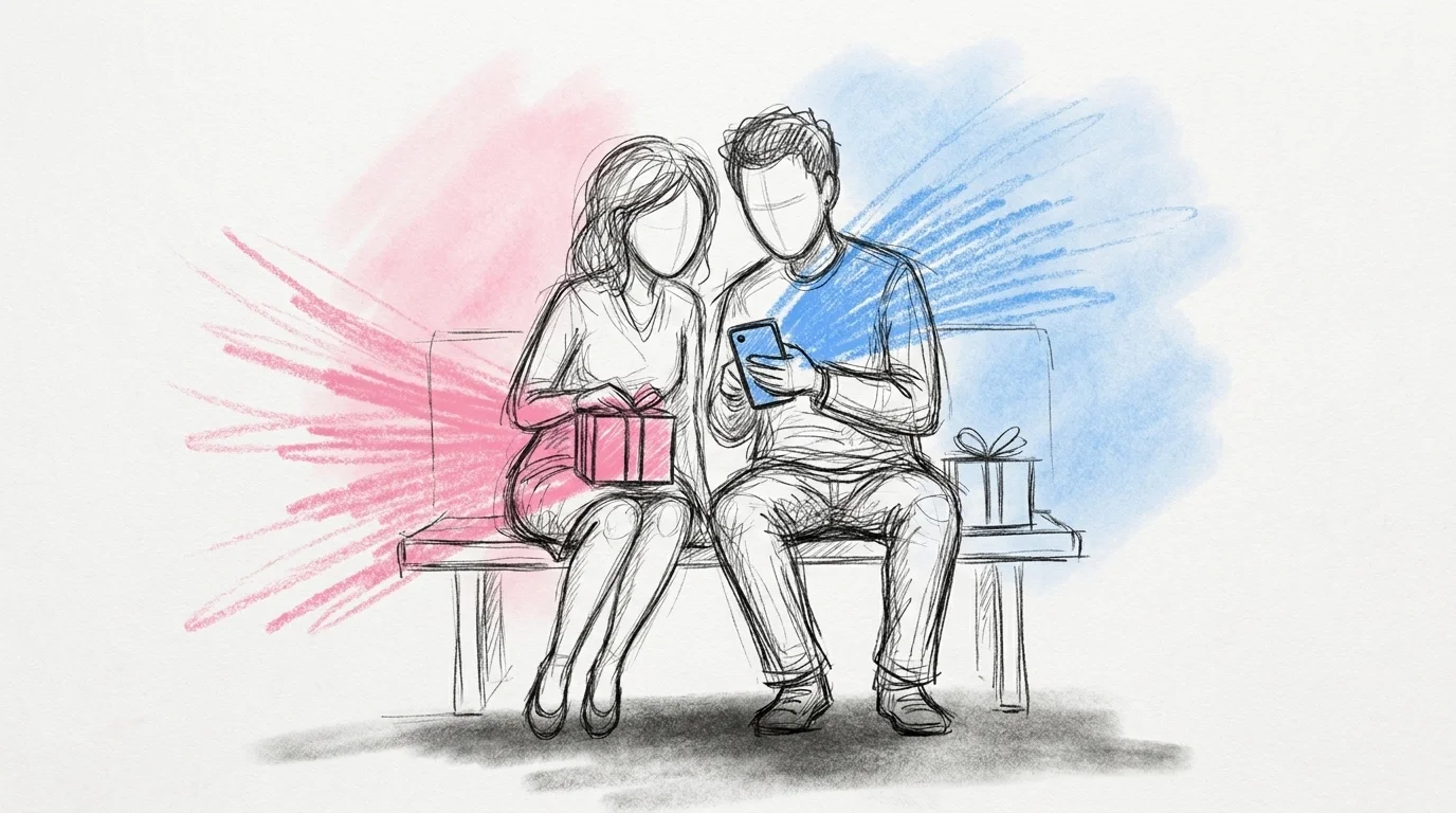 Ett par sitter nära varandra och tittar på en telefon som visar en digital bröllopsönskelista, med några små presenter omkring sig, i Lovios rosa och blå illustrationsstil