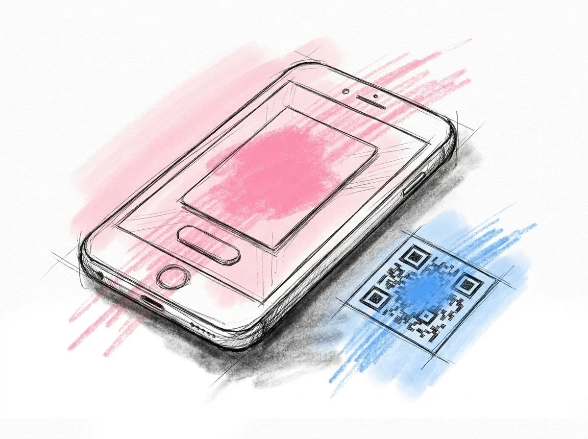 En telefon visar en digital bröllopsinbjudan med en Önskelista-knapp och en QR-kod bredvid, i Lovios stil