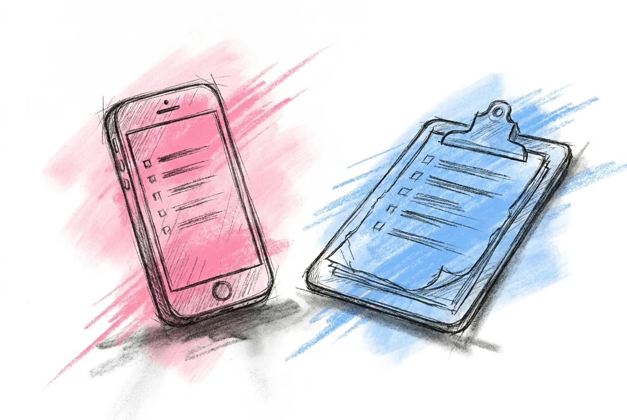 En telefon visar en prydlig digital önskelista bredvid en gammal papperslista, i Lovios stil