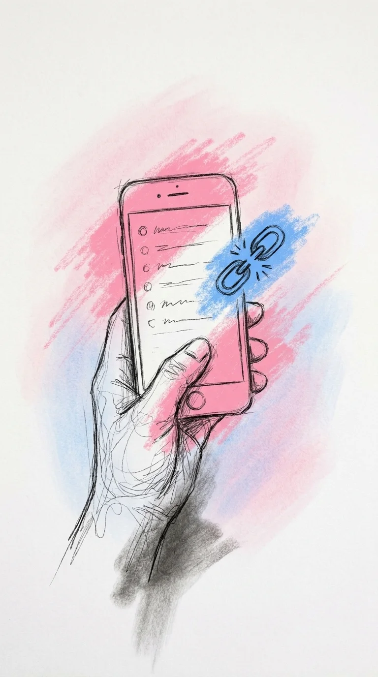 En hand kontrollerar en önskelistelänk på en telefon och testar att den fungerar, med en liten antydan om en bruten länk bredvid, i Lovios stil