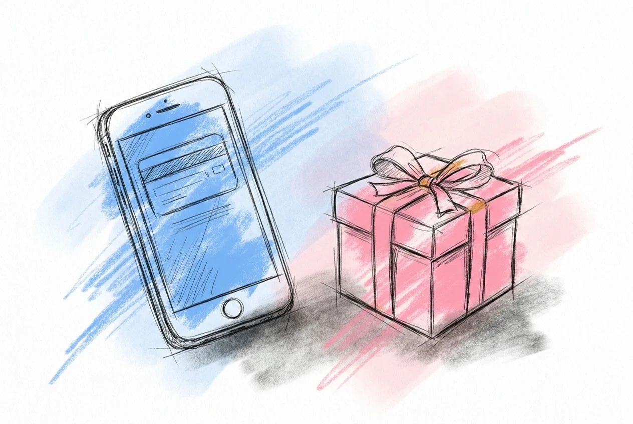 En telefon visar en Swish-överföring bredvid en inslagen present, som antyder valet mellan att ge pengar eller en present, i Lovios stil