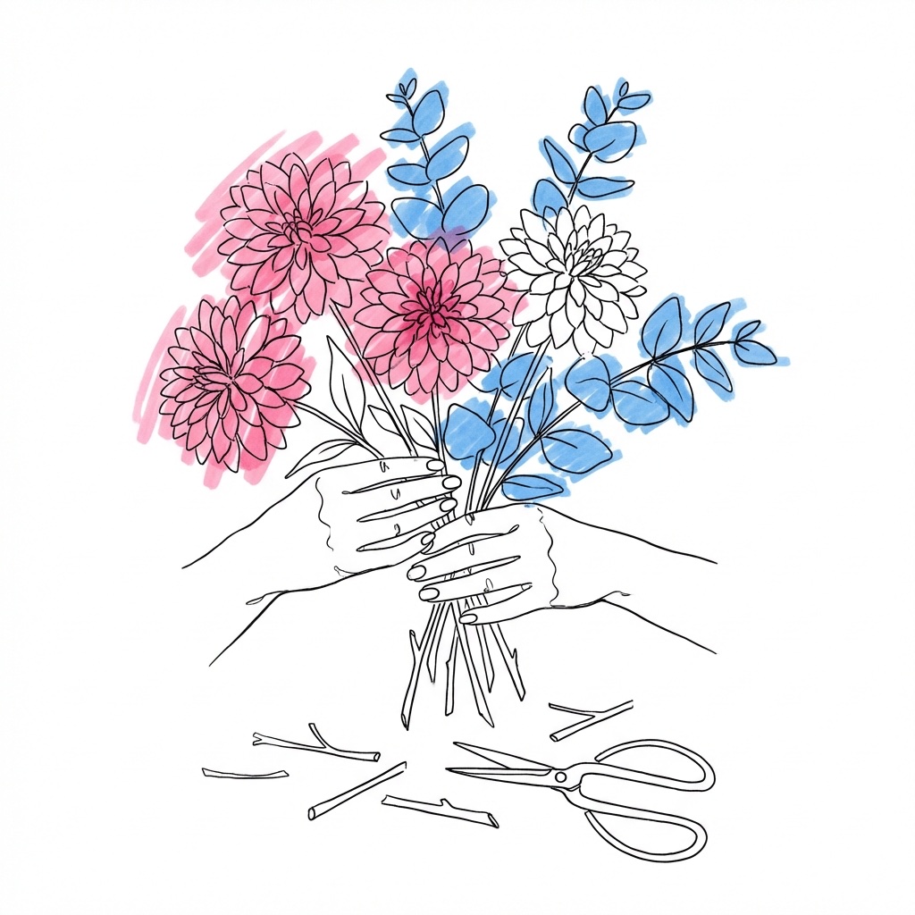 Händer som arrangerar en vild bukett med dahlior och eukalyptus, sax och stjälkar på arbetsytan