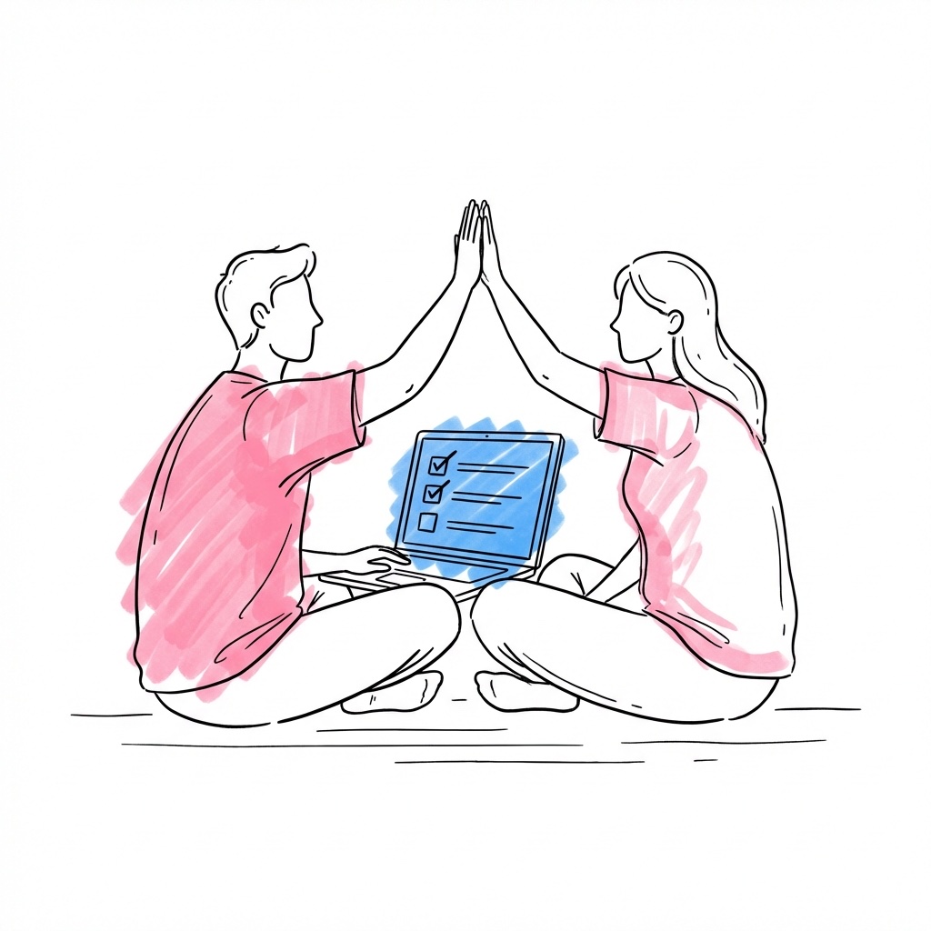 Par som sitter med en laptop och high-fivar efter avbockad checklista