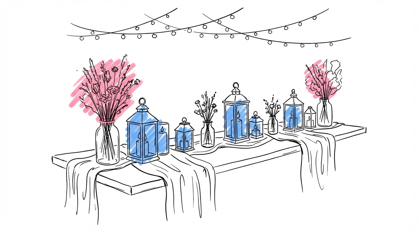 Festdukning med ljuslyktor, tyg, ljusslingor och torkade blommor i glasvaser