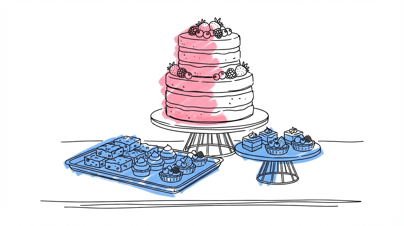 Dessertbuffé med naken tårta med bär, brownies, småbakverk och fruktpajer