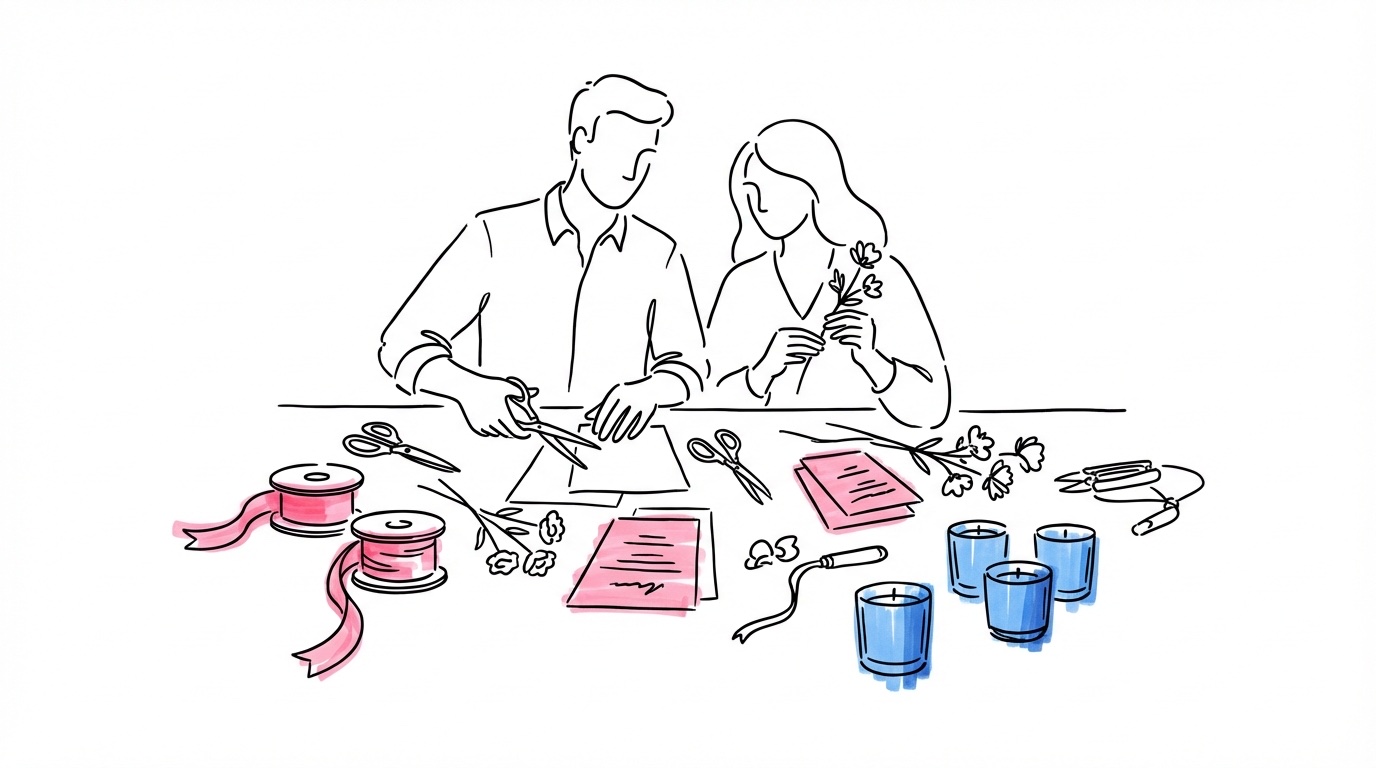 Par som planerar ett DIY-bröllop vid ett stort bord med pyssel — sax, band, ljus, blommor och inbjudningskort