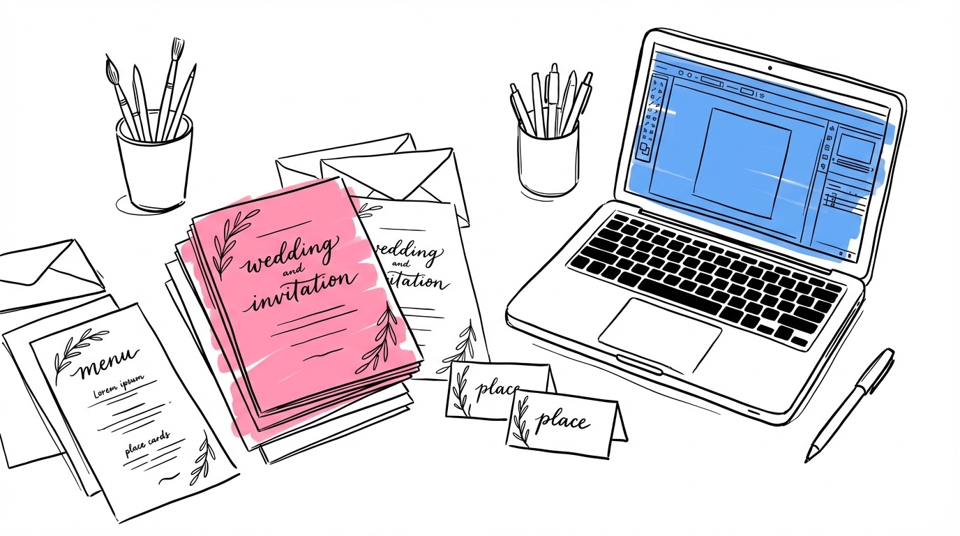 Handgjorda bröllopstrycksaker — inbjudningskort, menykort och placeringskort utlagda på ett skrivbord