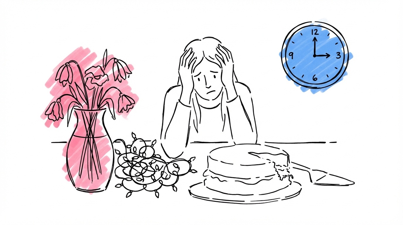 Stressad person omgiven av halvfärdiga bröllopsprojekt — vissna blommor, trassliga ljusslingor och kollapsad tårta