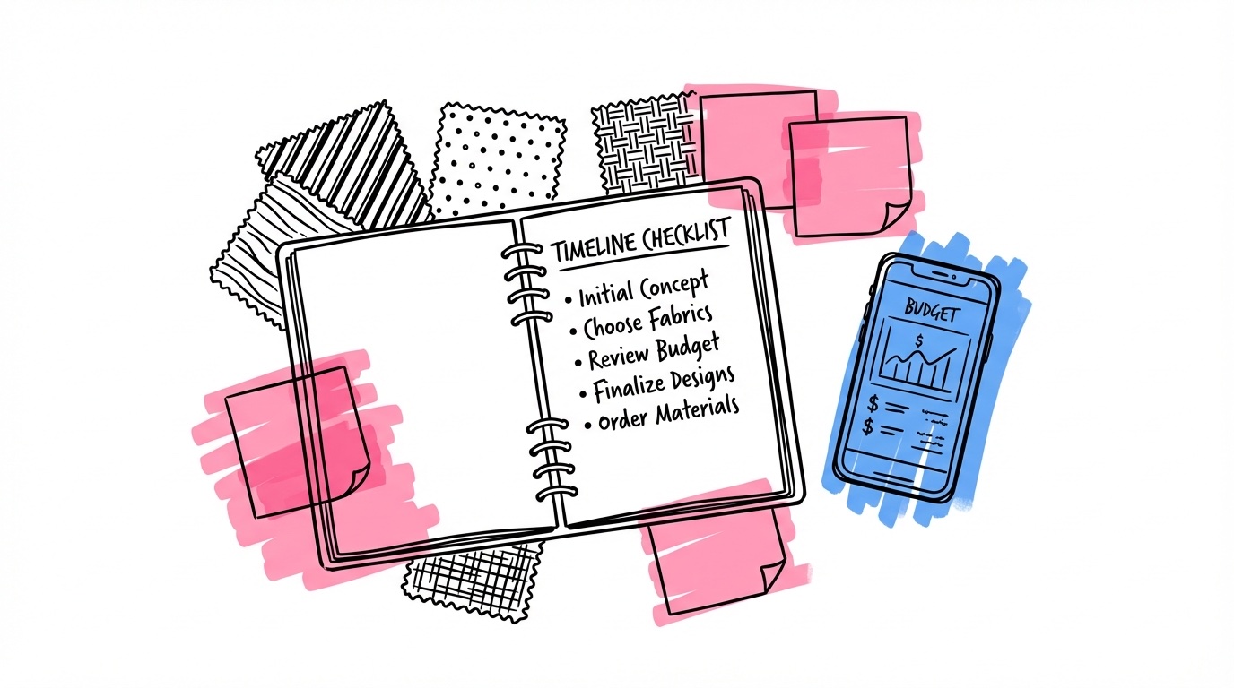 Öppen planeringsbok på köksbord med tidslinje, tygprover, telefon med budgetapp och post-it-lappar