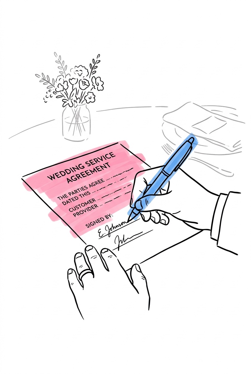 Händer som skriver under DJ-kontrakt vid ett bord med bröllopsdekor