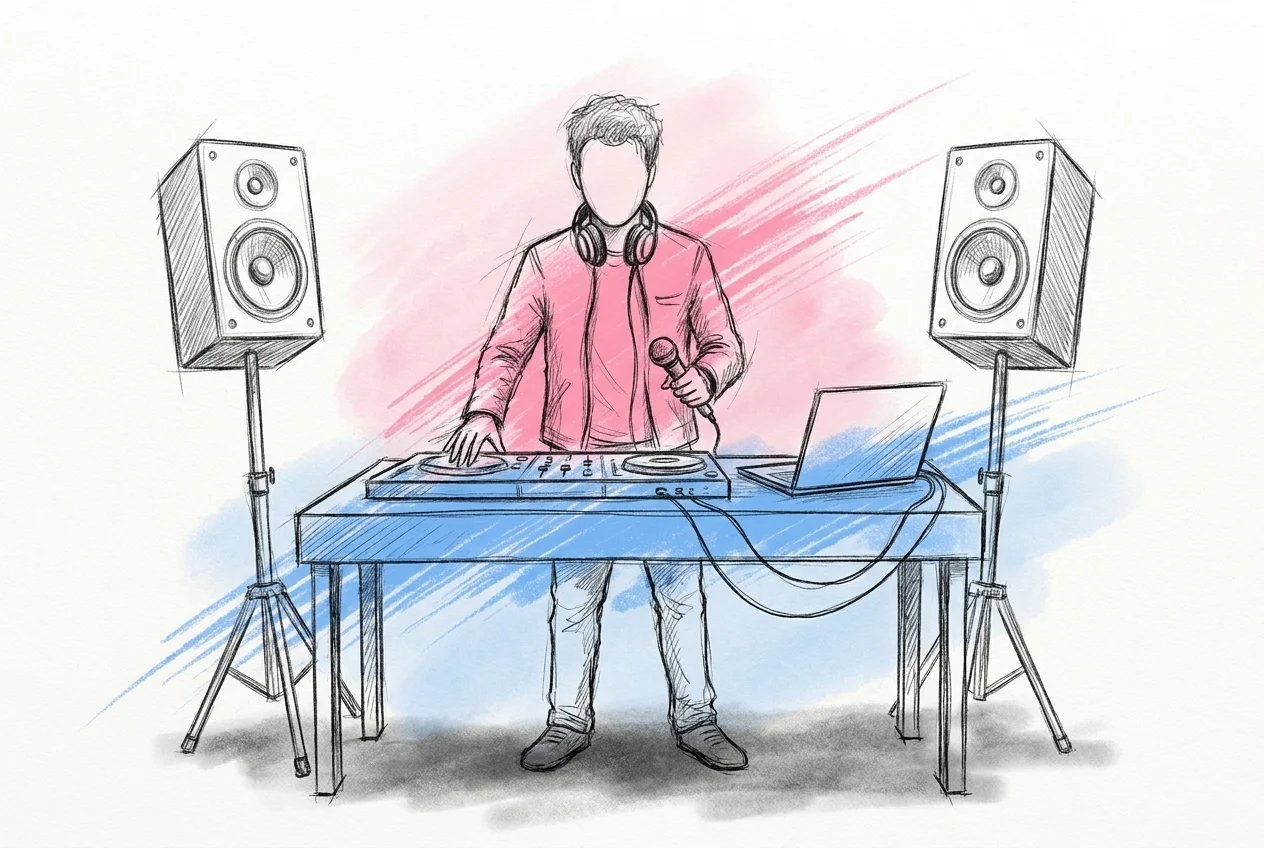 DJ bakom mixerbord med hörlurar och mikrofon, två högtalare flankerar båset — fyra DJ-format för bröllop