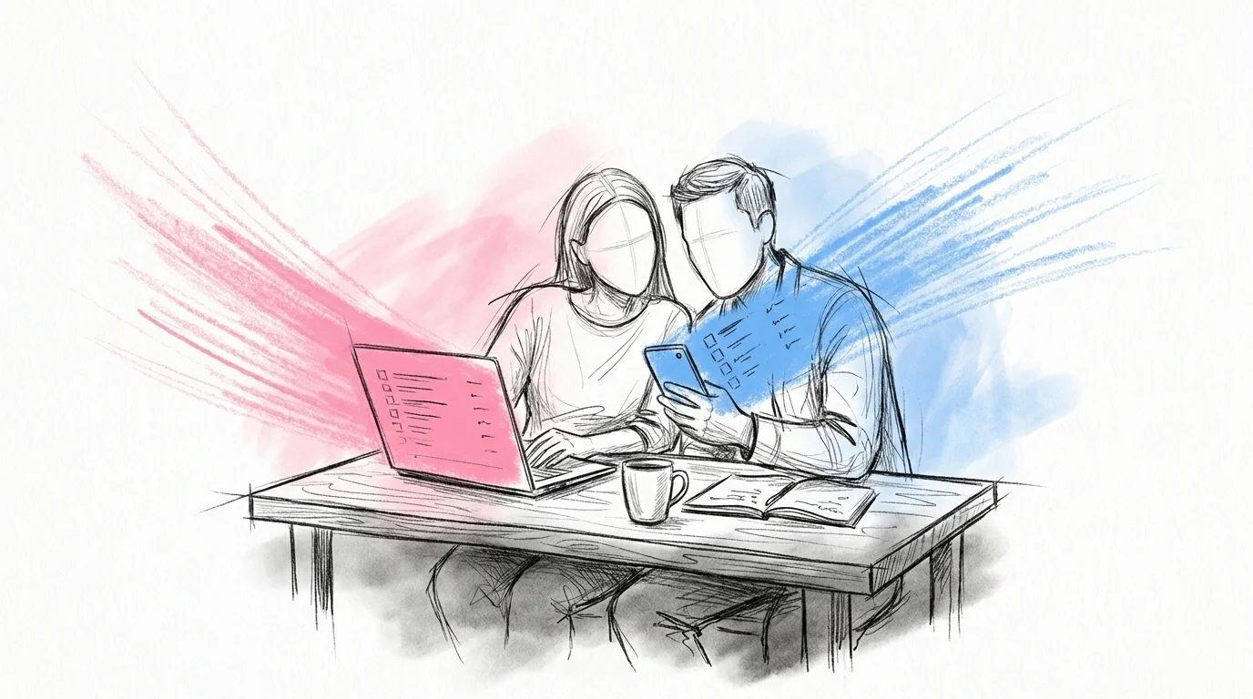 Brudpar sitter tillsammans vid ett bord och bläddrar igenom DJ-spellistor på laptop och mobil — Lovios rosa och blå illustrationsstil