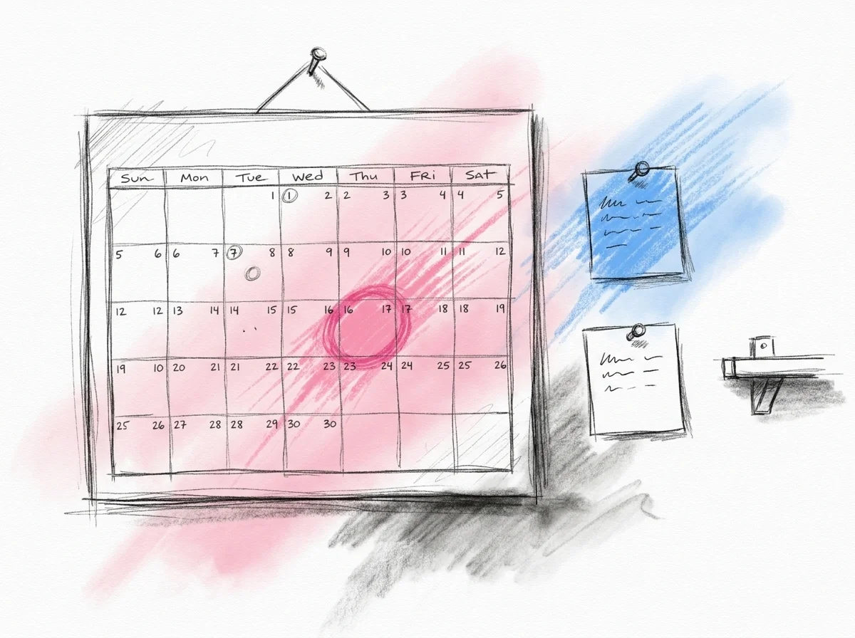 Väggkalender med markerade månader och milstolpsnotis vid sidan — bokningstidslinje för bröllops-DJ
