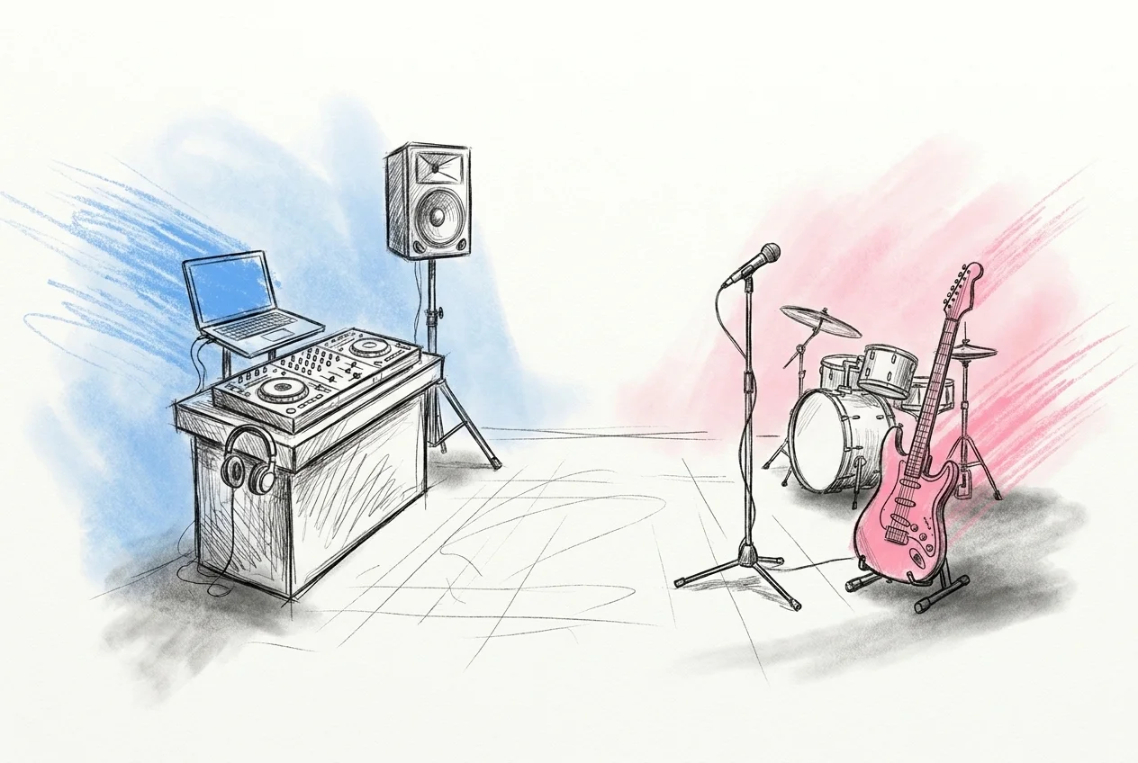 Delad scen — DJ-bås med hörlurar och laptop på ena sidan, litet band-uppställning med gitarr och trummor på andra sidan