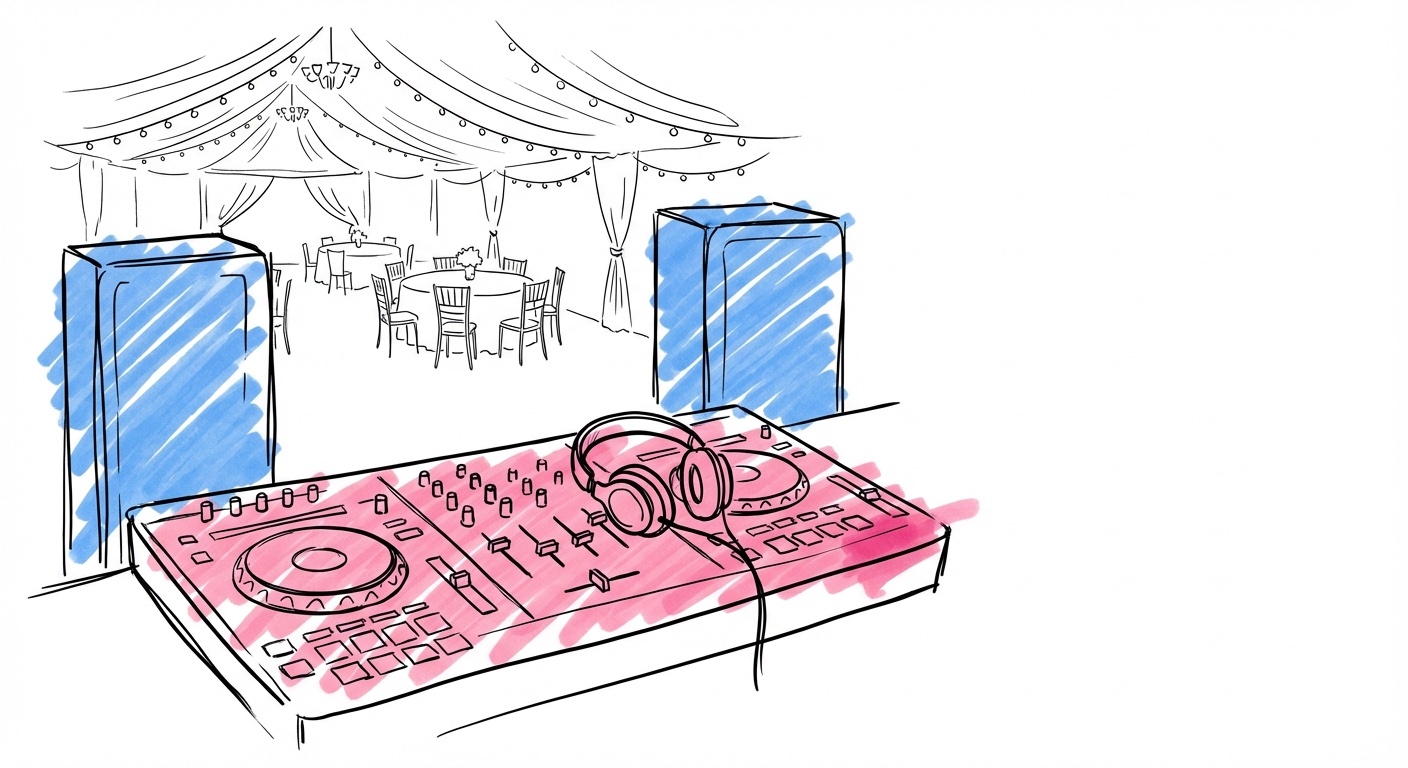 DJ bakom mixerbord i festdekorerat bröllopslokal med varmt ljus