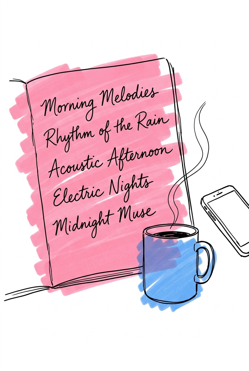 Anteckningsbok med handskrivna låttitlar och en kaffekopp – musikchecklista för bröllop