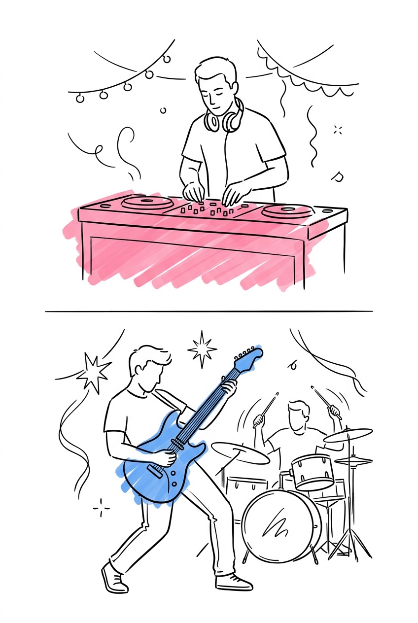 Jämförelse mellan DJ bakom mixern och liveband med gitarr och trummor