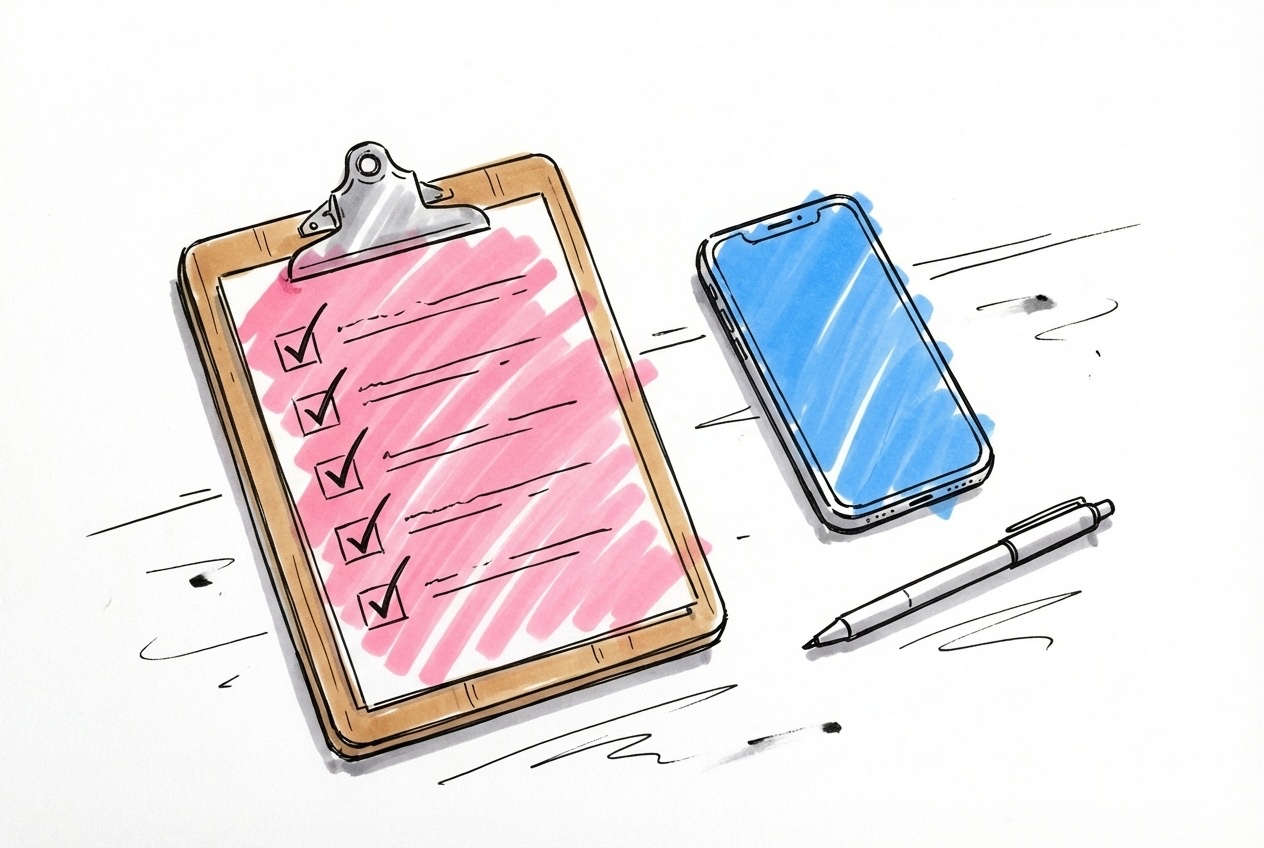 Clipboard med checklista bredvid en telefon och en penna, som antyder ett bokningssamtal, i Lovios rosa och blå illustrationsstil