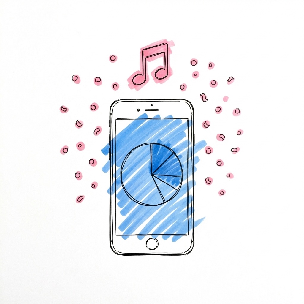 Smartphone med budgetöversikt och musiknotsikon bredvid ett glatt pars silhuett, i Lovios rosa och blå illustrationsstil