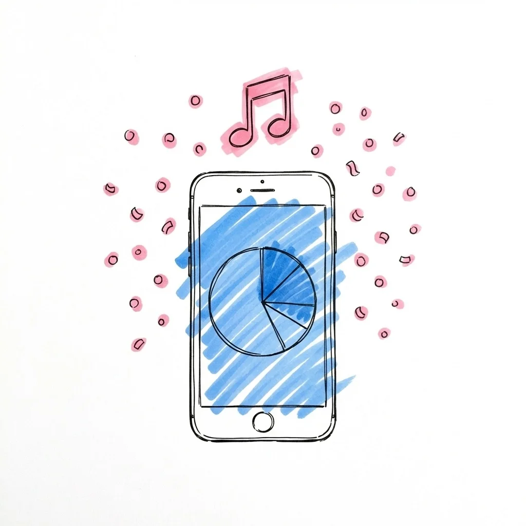 Smartphone med budgetöversikt och musiknotsikon bredvid ett glatt pars silhuett, i Lovios rosa och blå illustrationsstil