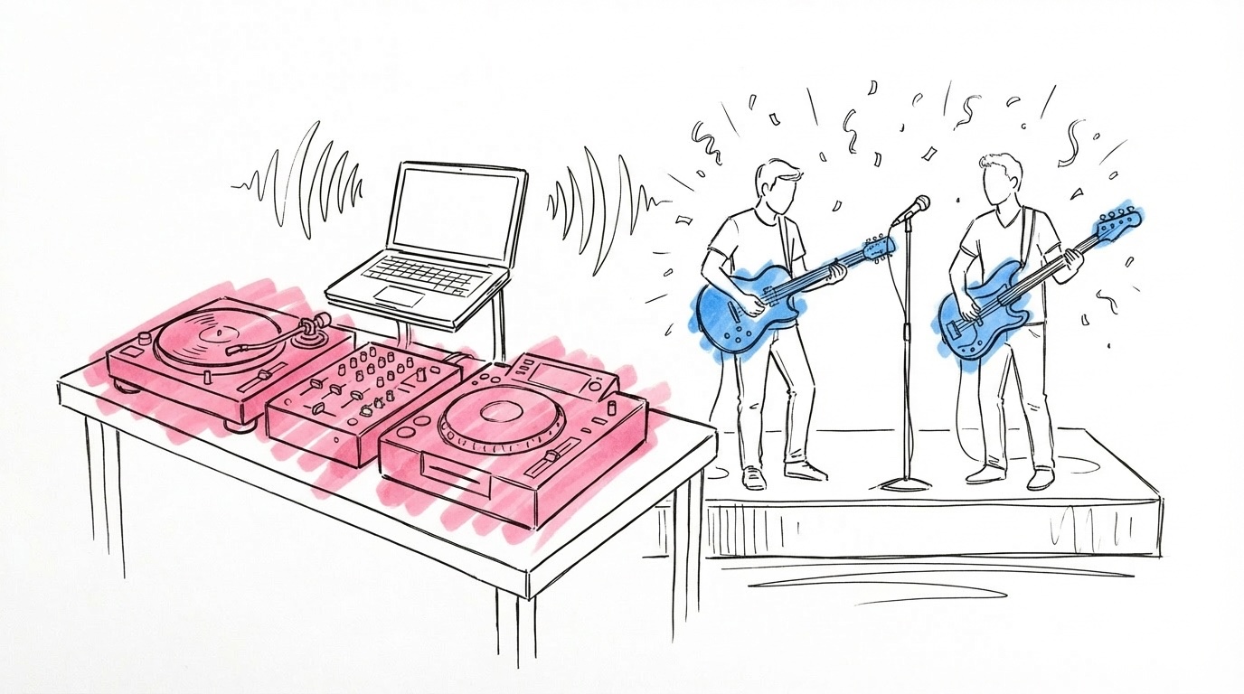 DJ-setup med mixerbord bredvid ett liveband med gitarr och mikrofon, i Lovios rosa och blå illustrationsstil