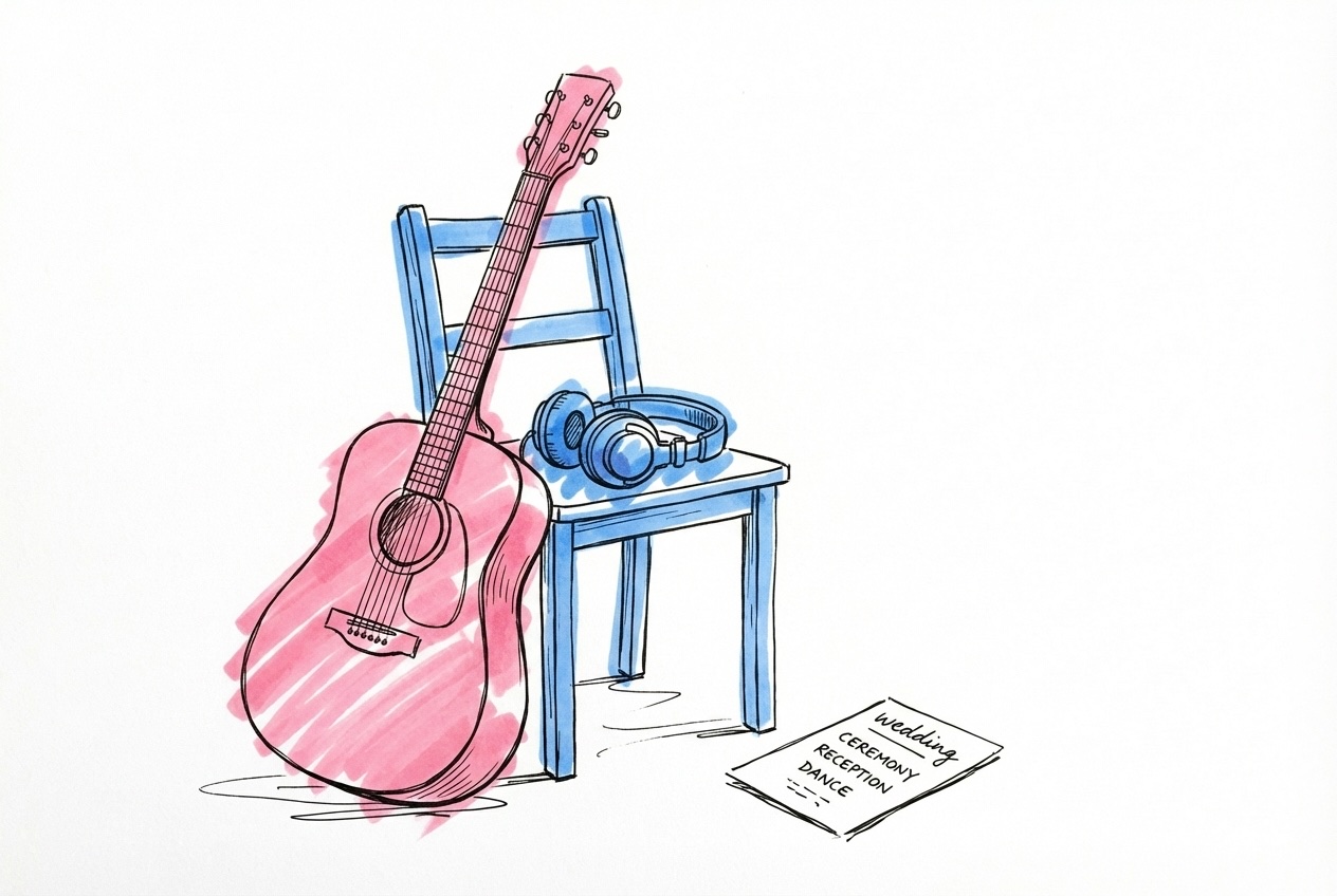Akustisk gitarr bredvid DJ-hörlurar på en stol med ett bröllopsprogram intill, i Lovios rosa och blå illustrationsstil
