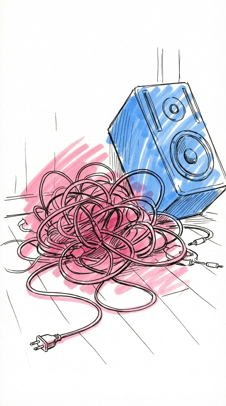 Trassliga kablar med en stickkontakt och en högtalare, som antyder tekniskt kaos, i Lovios rosa och blå illustrationsstil