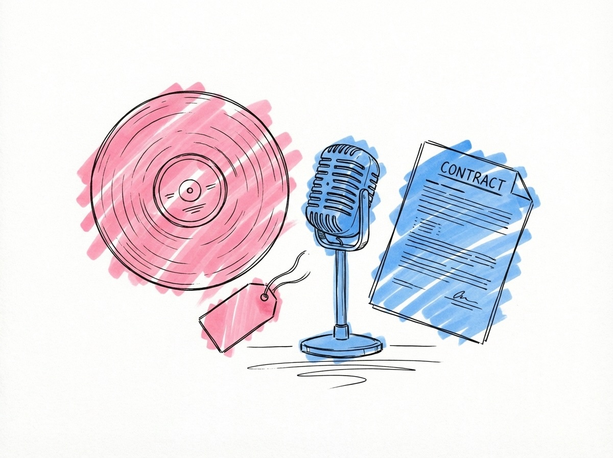 Musikrelaterade föremål uppradade — prislapp, mikrofon, vinylskiva och kontrakt — i Lovios rosa och blå illustrationsstil