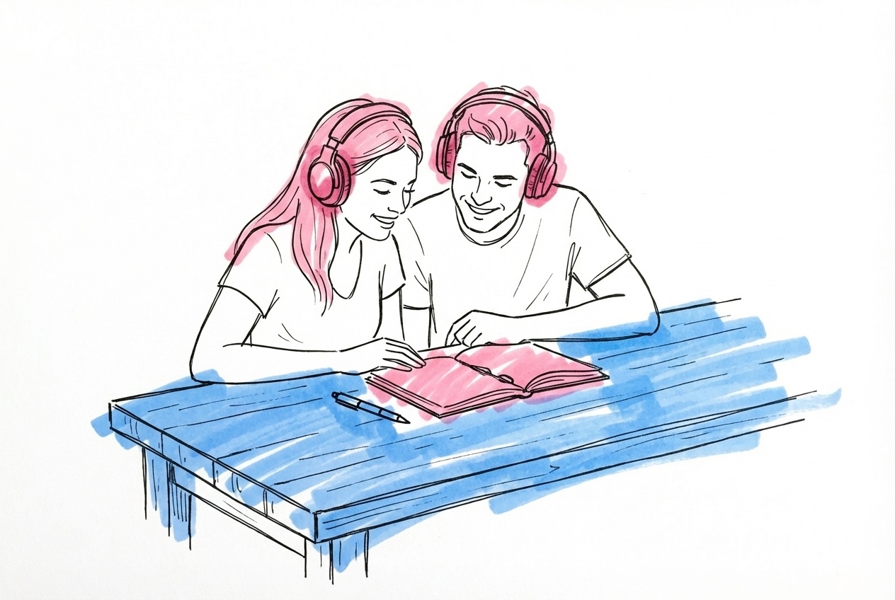 Ett par som sitter vid ett bord och jämför musikalternativ med hörlurar och anteckningsblock, i Lovios rosa och blå illustrationsstil