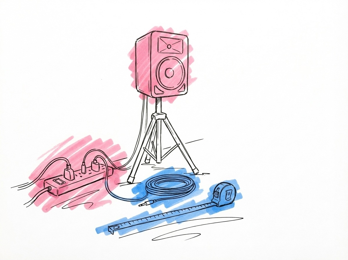 Teknisk utrustning — grenuttag, högtalare, kabelrulle och måttband — i Lovios rosa och blå illustrationsstil