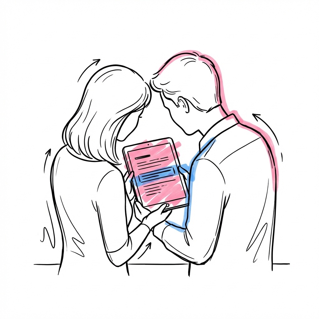 Par som tittar på en surfplatta tillsammans med en budgetöversikt synlig på skärmen med en markerad rad i Lovios illustrationsstil