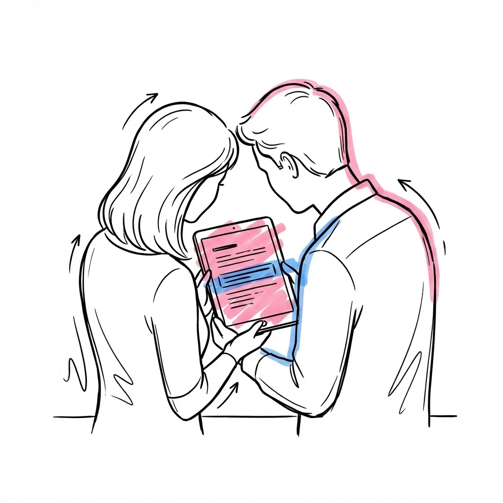 Par som tittar på en surfplatta tillsammans med en budgetöversikt synlig på skärmen med en markerad rad i Lovios illustrationsstil