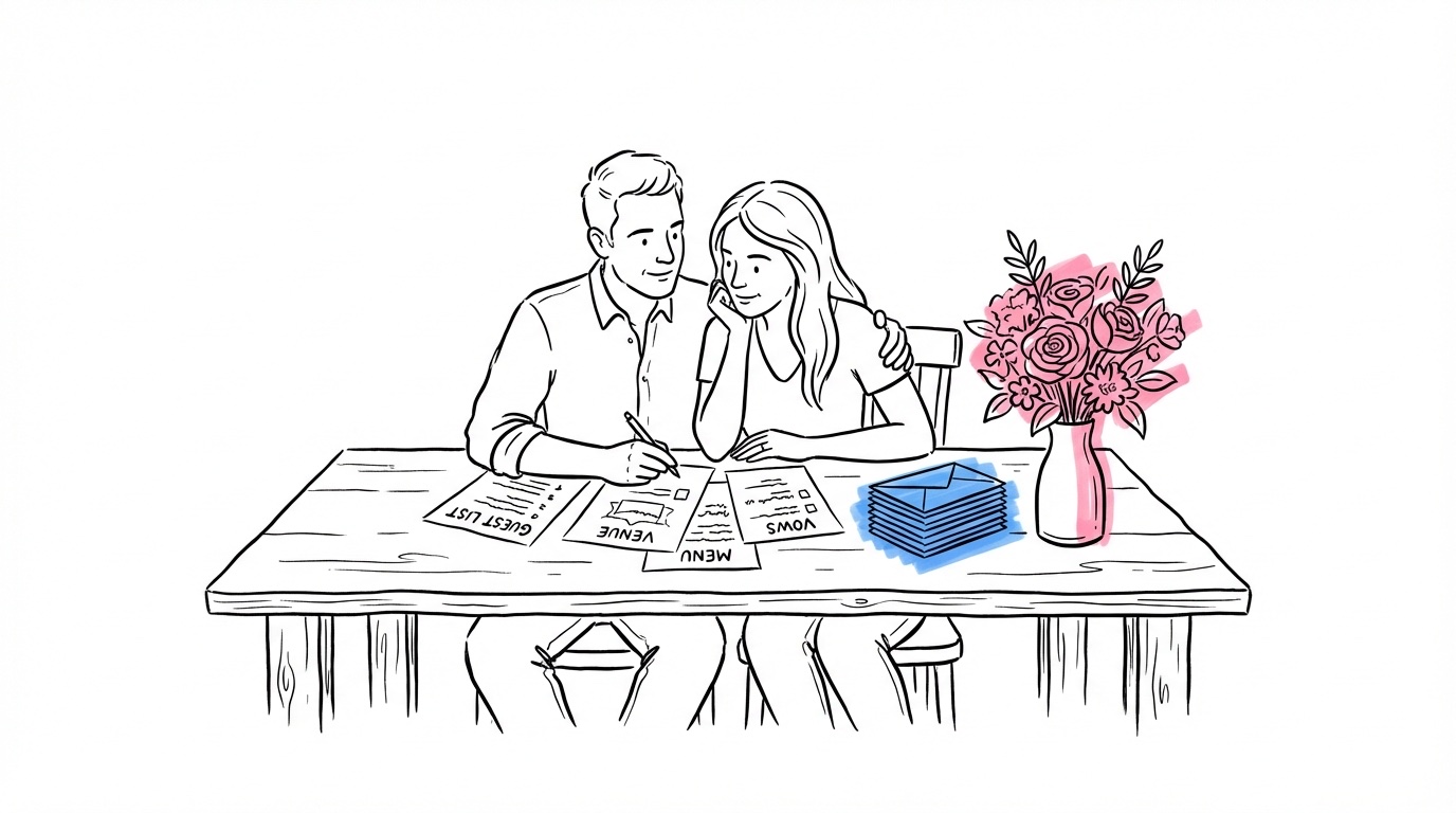 Par som sitter tillsammans vid ett bord med bröllopsplaneringsanteckningar, kuvert och en bukett blommor i Lovios rosa och blå illustrationsstil