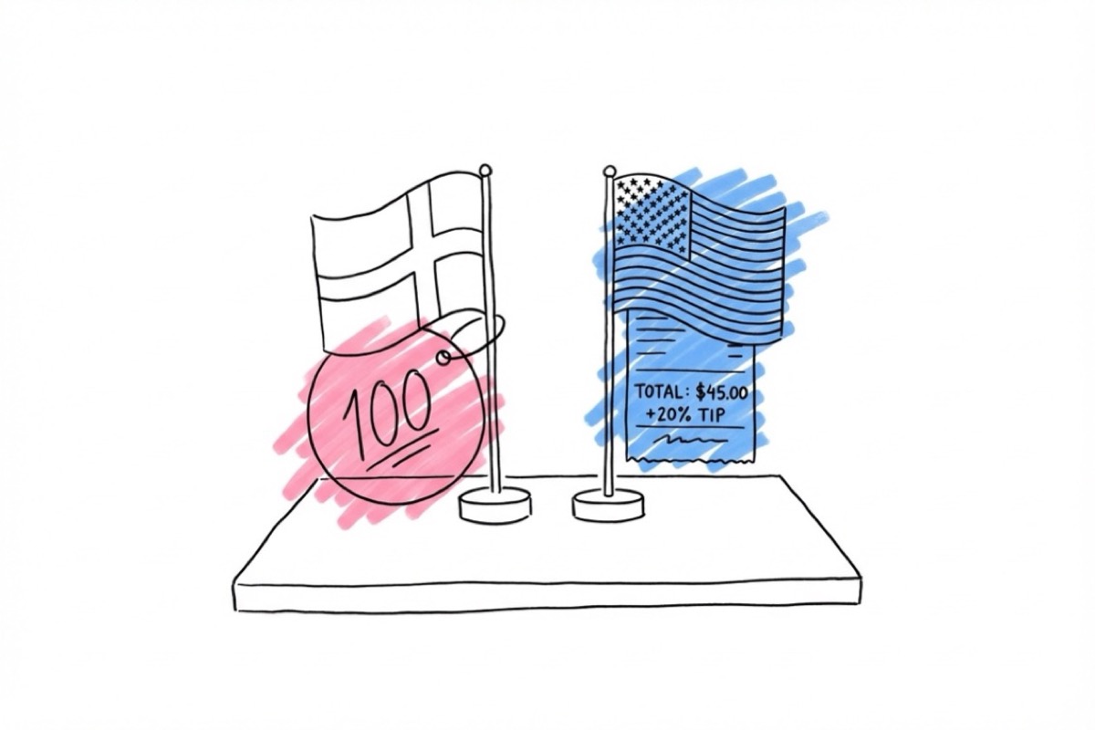 Svensk flagga och amerikansk flagga sida vid sida på ett bord med prislappar som visar skillnaden i drickskultur i Lovios illustrationsstil