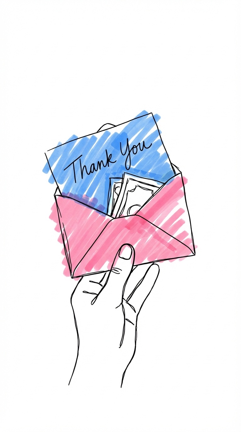 Hand som håller ett litet kuvert med ett handskrivet tackmeddelande synligt och några sedlar inuti i Lovios illustrationsstil