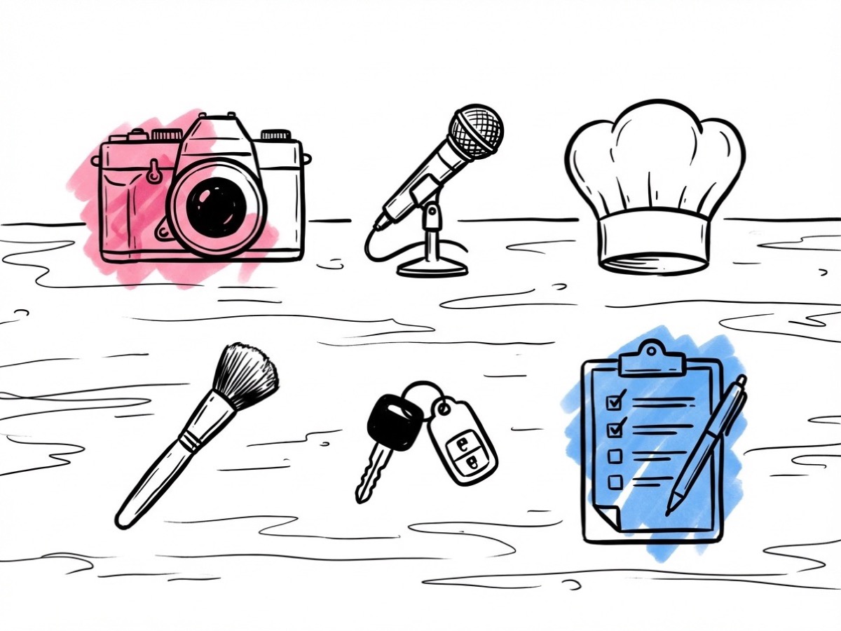 Flat-lay med föremål som representerar bröllopsleverantörer — kamera, mikrofon, kocksmössa, sminkborste, bilnyckel och skrivplatta i Lovios illustrationsstil