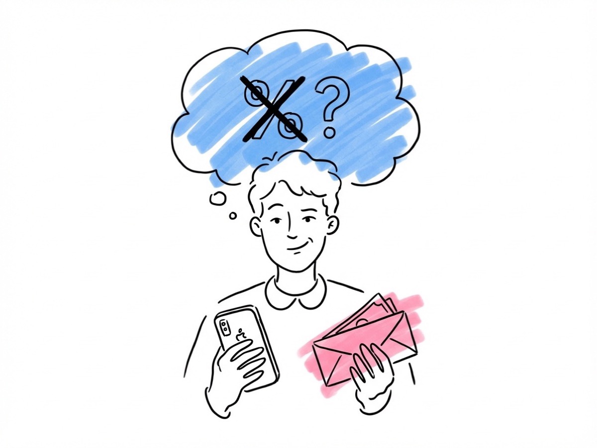 Tankebubbla ovanför en person med ett utkorsat procenttecken och ett frågetecken medan händerna håller en telefon och ett kuvert i Lovios illustrationsstil